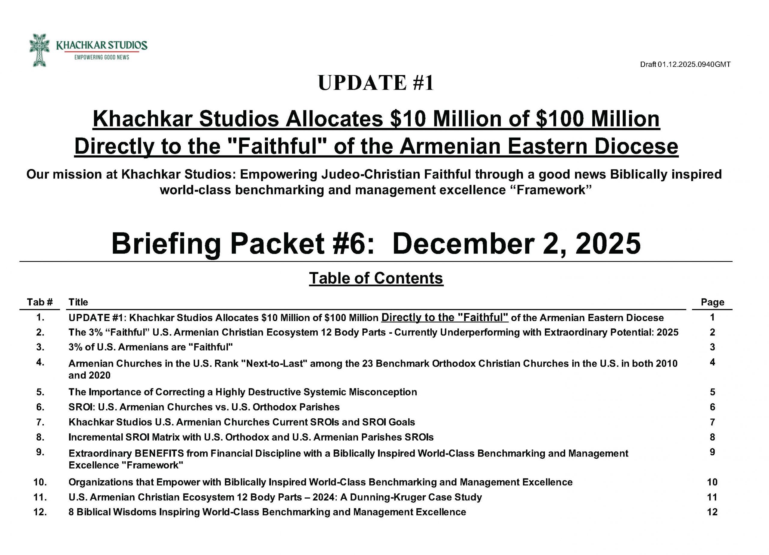 UPDATE #1 – Khachkar Studios Allocates $10 Million of $100 Million to go Directly to the “Faithful” of the Armenian Eastern Diocese (Briefing Packet)