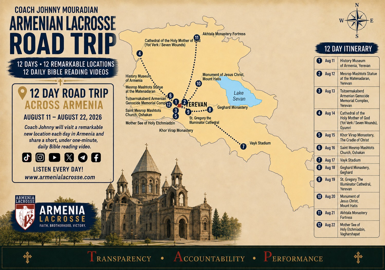 Armenian Lacrosse Biblical Road Trip – 12 Days Across Armenia: 11 Aug to 22 Aug 2026