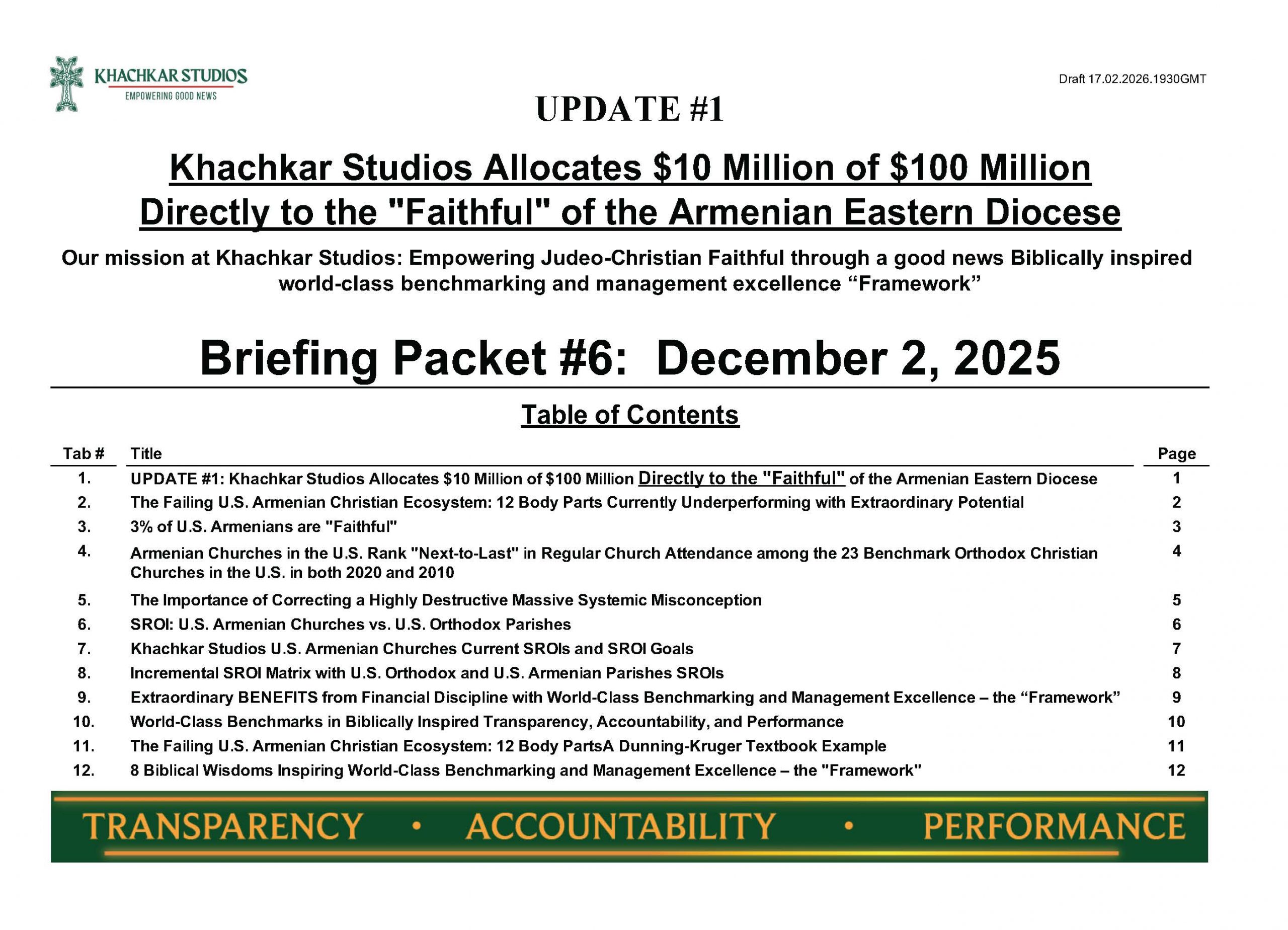 UPDATE #1 – Khachkar Studios Allocates $10 Million of $100 Million Directly to the “Faithful” of the Armenian Eastern Diocese (Briefing Packet)